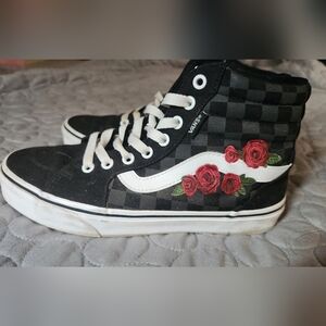 Vans Women's Black Checkered Sneakers with Red Rose Embroidery